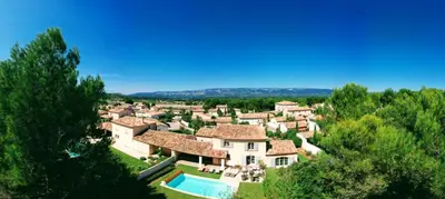 an aerial view of a large estate with a house at Ma villa en Provence villa de standing et piscine Domaine de Pont-Royal in Mallemort