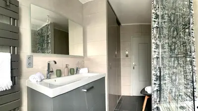 a bathroom with a sink and a shower at Maison de ville spacieuse & cosy in LʼIsle-sur-la-Sorgue