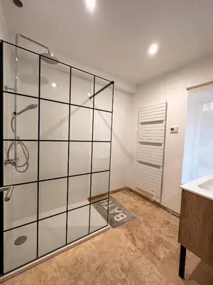 a bathroom with a glass shower and a sink at L'appart des Anges in Althen-des-Paluds