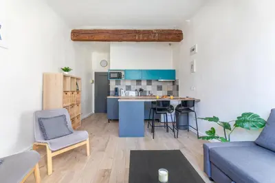 a living room with a couch and a kitchen at Studio place cardeurs in Aix-en-Provence