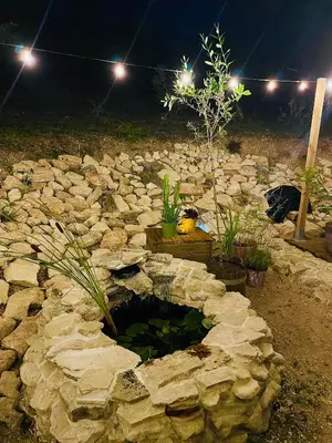 a stone pond in a garden at night at Histoire de cru in Saignon