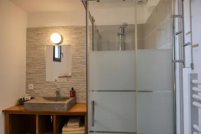a bathroom with a shower and a sink at Souleia in Oppède