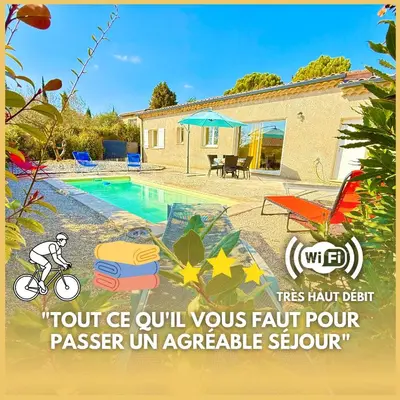 a house with a swimming pool in the yard at Villa Santa - Piscine - classée 3 étoiles - Proche Ventoux - idéal Cyclistes in Mormoiron