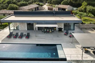 an aerial view of a house with a swimming pool at Villa Mirage luxury and design in Bonnieux in Bonnieux