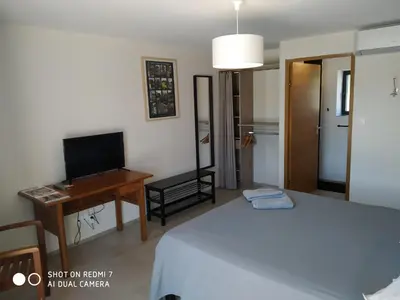 a bedroom with a bed and a desk and a television at Le Mas des Calus Chambres d'hôtes in LʼIsle-sur-la-Sorgue