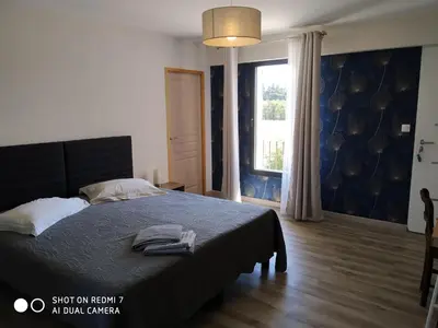 a bedroom with a bed and a large window at Le Mas des Calus Chambres d'hôtes in LʼIsle-sur-la-Sorgue