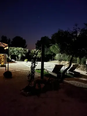 a park with two benches and a tree at night at L'AMANDERAIE PISCINE PRIVEE à côté de LOURMARIN LUBERON in Cadenet