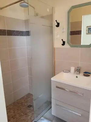 a bathroom with a shower and a sink and a mirror at studio Erilys in Apt
