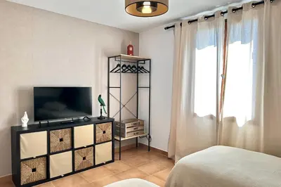 a room with a tv and a bed and a tv stand at Les Lauriers Blancs air-conditioned villa with swimming pool in LʼIsle-sur-la-Sorgue