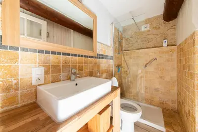a bathroom with a sink and a toilet and a mirror at Mas Titourin - Moulin du 18ème entièrement rénové in Ansouis