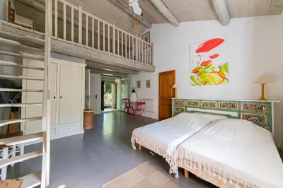 a bedroom with a bed and a book shelf at Mas Titourin - Moulin du 18ème entièrement rénové in Ansouis