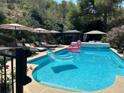 a swimming pool with a toy flamingo in the water at Maison cottage en Provence, Spa & piscine, pour 4 personnes- Gîtes Les Estelles in Cavaillon
