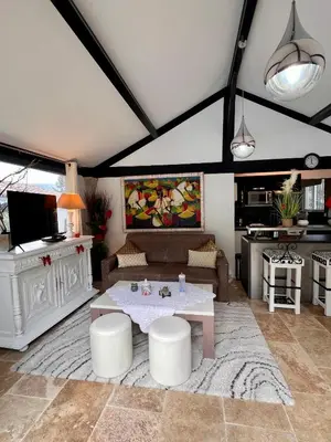 a living room with a table and a kitchen at Maison cottage en Provence, Spa & piscine, pour 4 personnes- Gîtes Les Estelles in Cavaillon