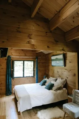 a bedroom with a large bed in a wooden room at Charming ecolodge with private access to the river in Le Thor