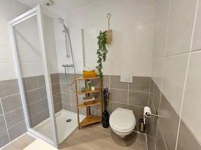 a bathroom with a toilet and a shower at 104 Douce Provence au calme face à la piscine in Éguilles