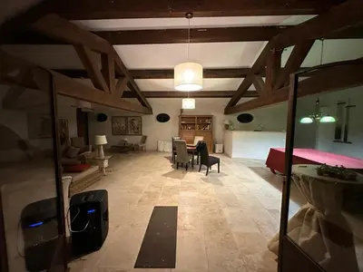 a large living room with a table and chairs at Domaine des Francobelges - Appartements in Lauris