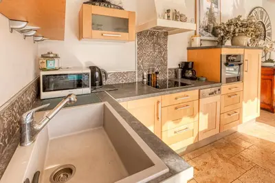a kitchen with a sink and a microwave at LUBERON SOLEIL ET OLIVIERS in Les Taillades