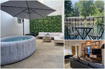 a collage of pictures of a patio with an umbrella at Jacuzzi & Terrasse en bord de rivière in Fontaine-de-Vaucluse