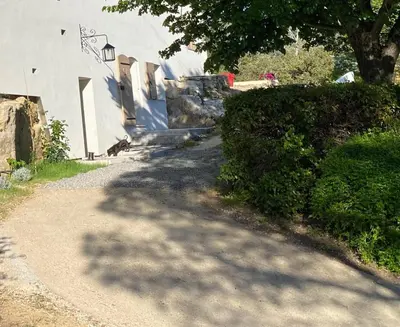 a dog sitting on a path next to a building at La studette provençale in Jouques