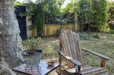a wooden chair sitting next to a potted plant at Le Mas des Anges in Cabannes