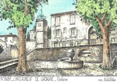 a painting of a woman sitting on a bench near a fountain at L'appartement de l'Arche in Châteauneuf-de-Gadagne
