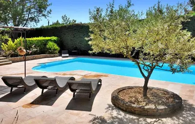 a pool with a table and a tree next to it at La Villa Du Soleil in Lacoste