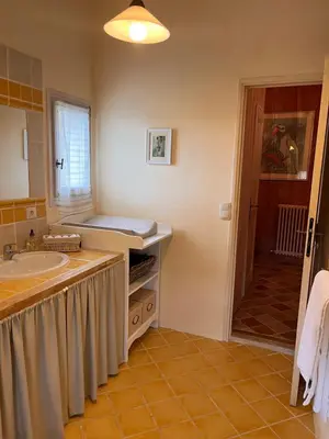 a bathroom with a sink and a counter with a mirror at La Petite Paradisse – mas provençal exceptionnel in Blauvac