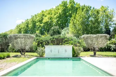 an empty pool in a garden with trees at Villa des Alpilles in Eygalières