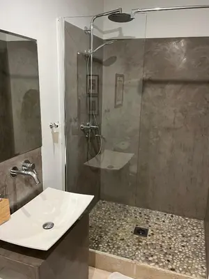 a bathroom with a shower and a white sink at Villa des Alpilles in Eygalières