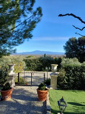 a garden with a gate and potted plants at Chambre d hôte gite Au fond du jardin in Saint-Saturnin-lès-Avignon