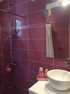 a purple bathroom with a sink and a shower at Chambre d hôte gite Au fond du jardin in Saint-Saturnin-lès-Avignon