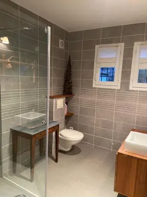 a bathroom with a shower and a toilet and a sink at Maison de Golfeur in Mallemort