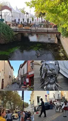 a collage of photos of a street with a statue at Appartement avec terrasse sur les toits classé 5* in LʼIsle-sur-la-Sorgue