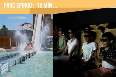 a group of people sitting next to a water park at CŒUR DU VENTOUX Carpentras Bel appart 6 places in Carpentras