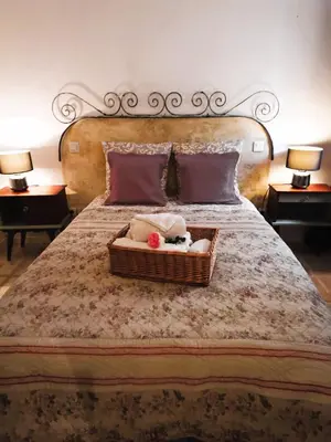 a bed with a basket with two stuffed animals on it at Appartement en campagne au coeur du luberon in Roussillon