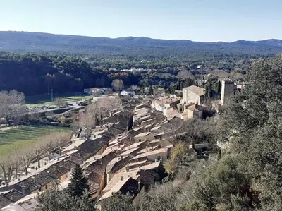 an aerial view of a village with trees and buildings at Maison restaurée à l'ancienne avec terrasse in Jouques