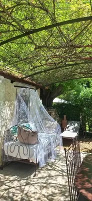 a bed with a mosquito net sitting under a tree at Cherche Midi in Noves
