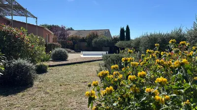 a garden with yellow flowers in a yard at La Villa Tanamera, très jolie maison piscine, à 2 pas du centre-ville in Bédoin