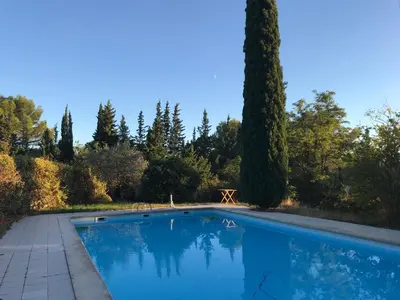a swimming pool in a garden with trees at Gite Hardy in Velleron