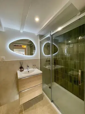 a bathroom with a sink and a glass shower at Magnifique appartement + terrasse au cœur d’Aix in Aix-en-Provence