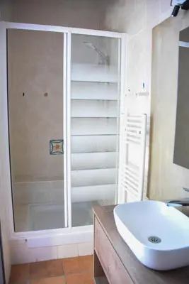 a bathroom with a shower and a white sink at Mas Gardane in Pernes-les-Fontaines