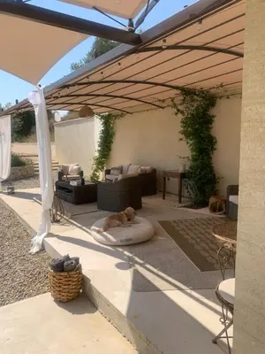 a cat laying on a pillow under an umbrella at La Bergerie des Pottiers. Mas rénové climatisation Piscine in Crillon-le-Brave