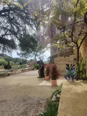 a walkway with potted plants and a stone wall at Charme et authenticité dans une ferme. in Lourmarin
