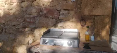 a toaster oven sitting on a table next to a stone wall at Charme et authenticité dans une ferme. in Lourmarin