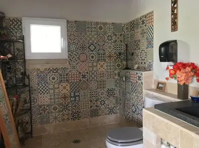 a bathroom with a toilet and a window and tiles at Magnifique villa avec piscine Mt Ventoux Provence in Carpentras