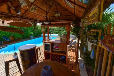 a pavilion with a table and a bar and a pool at Villa le 62 Cazan in Vernègues