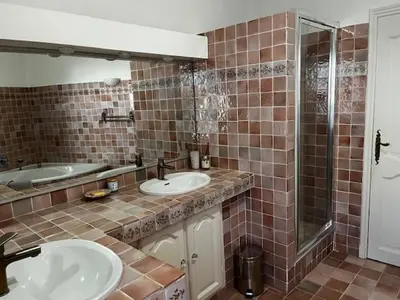 a bathroom with a sink and a shower and a tub at Domaine des Figons in Éguilles