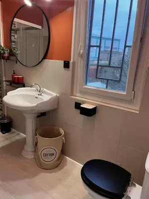 a bathroom with a toilet and a sink and a mirror at Le l'islois- Park&Piscine in LʼIsle-sur-la-Sorgue