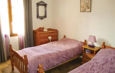 a bedroom with two beds and a dresser and a mirror at La Maoure in Robion en Luberon