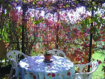 a table and two chairs with a table and flowers on it at Gîte Le Val des Fées classés deux étoiles in Roussillon